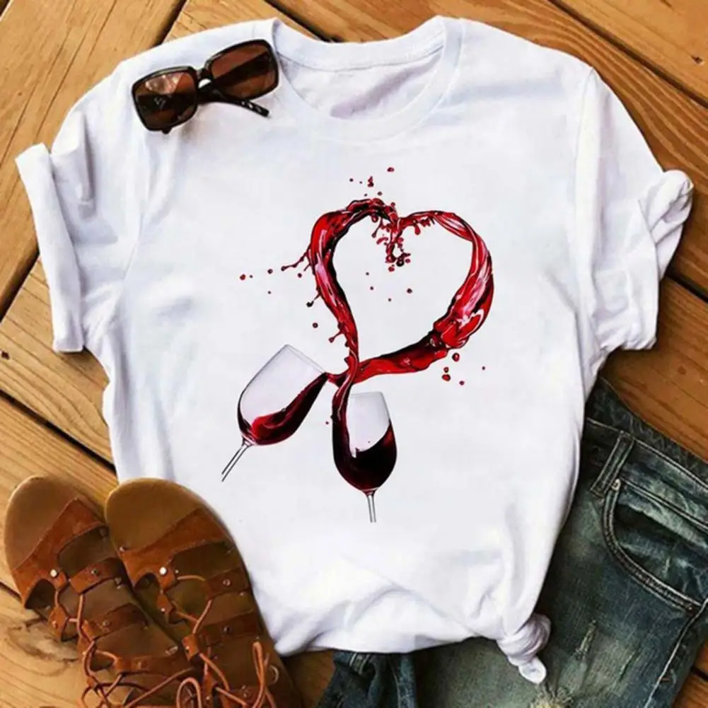 

Women Blouse Cute Cup Wine Printing T Shirt O Neck Loose Fitting Milk Fiber Fabric Wine High Heels Printed Lady Shirt for Daily