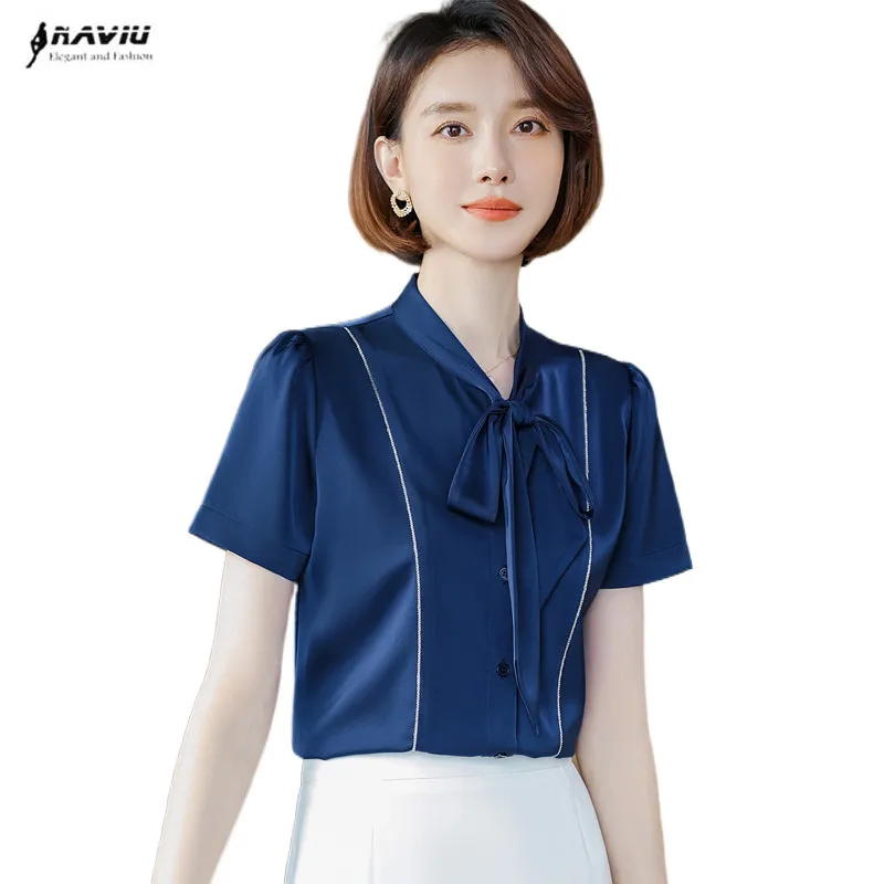 

Navy Blue Shirt Women 2022 New Summer Short Sleeve Fashion Bow Design Formal Blouses Office Ladies Work Tops White