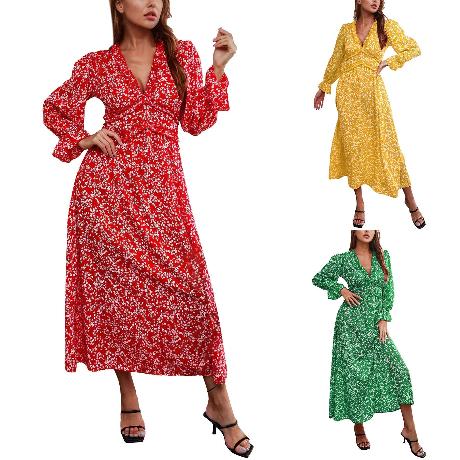 

Women's Floral Print Boho Dress Long Sleeve Wrap V Neck Ruffle Belted A Line Flowy Maxi Dresses Woman Maxi Dresses Casual