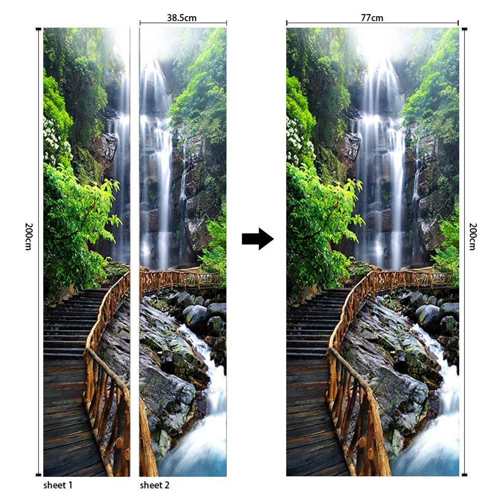 

2pcs Creative Wallpaper Decals PVC Wall Stickers Waterfall Wooden Stairs Stickers for Living Room