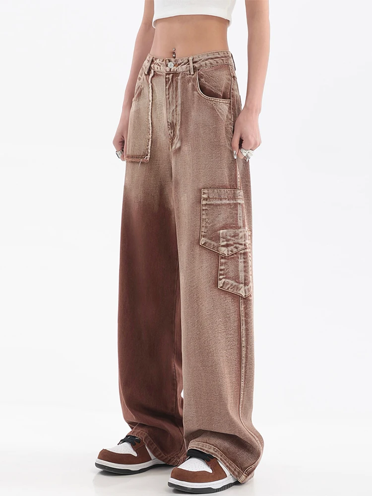 

Брюки-карго женские джинсовые с завышенной талией, модная уличная одежда в стиле хип-хоп, джинсы с широкими штанинами, винтажные Комбинезон...