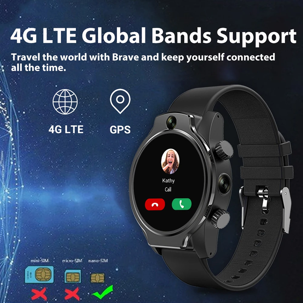 Смарт-часы HD с круглым экраном 4G LTE GPS двойной камерой водозащита IP68 аккумулятор