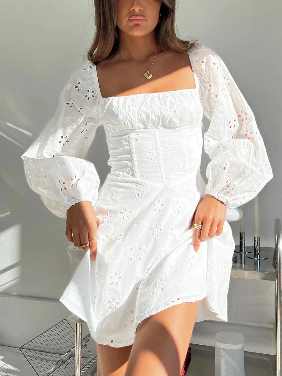 

Women's Casual Long Puff Sleeve Ruched Bust Solid Color White Mini A-Line Dress Eyelet Embroidery Dress