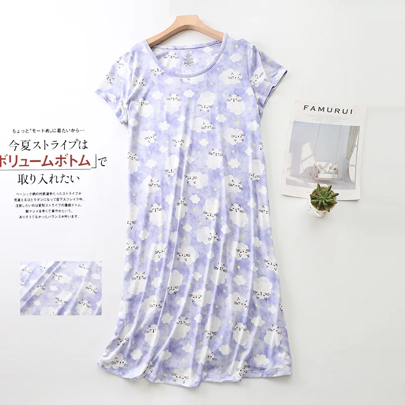 Summer Sleepwear For Women Short Sleeve Pyjama Women's Cotton Soft Fashion Home Long Sweet NEW Cartoon Dress Big Size