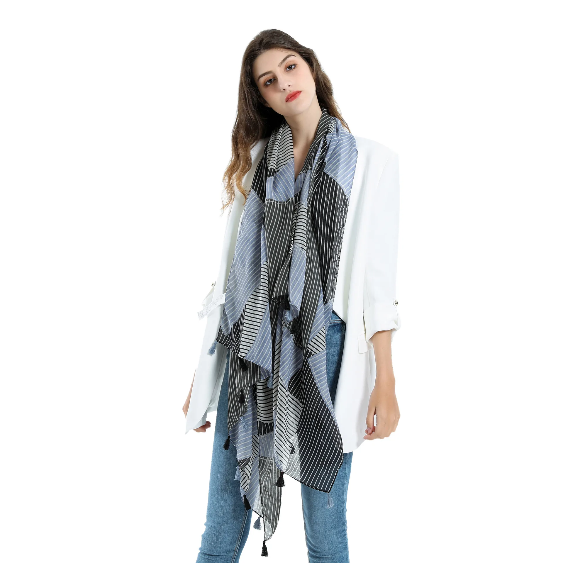 

New Multi-color Splicing Thin Diagonal Stripes Literary Cotton Hemp Tassel Thin And Comfortable All-match Scarf