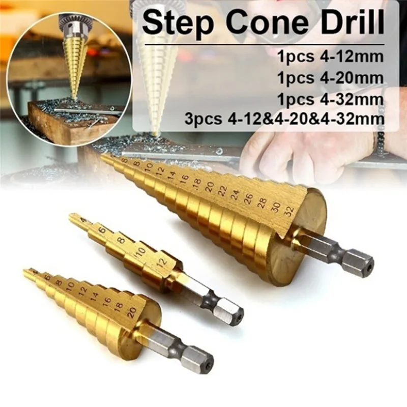 

HSS Steel Large Step Cone Titanium Coated Metal Drill Bit Cut Tool Set Hole Cutter 4-12mm 4-20mm 4-32mm
