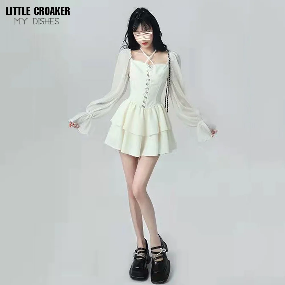 

Summer Beige Sexy Long Sleeve Fairy Dress Women Elegant Party Mini Dress Female Casual High Waist Slim Kawaii Dresses 2022