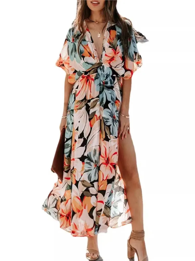 Платье женское с V-образным вырезом пикантное модное до щиколотки принтом и