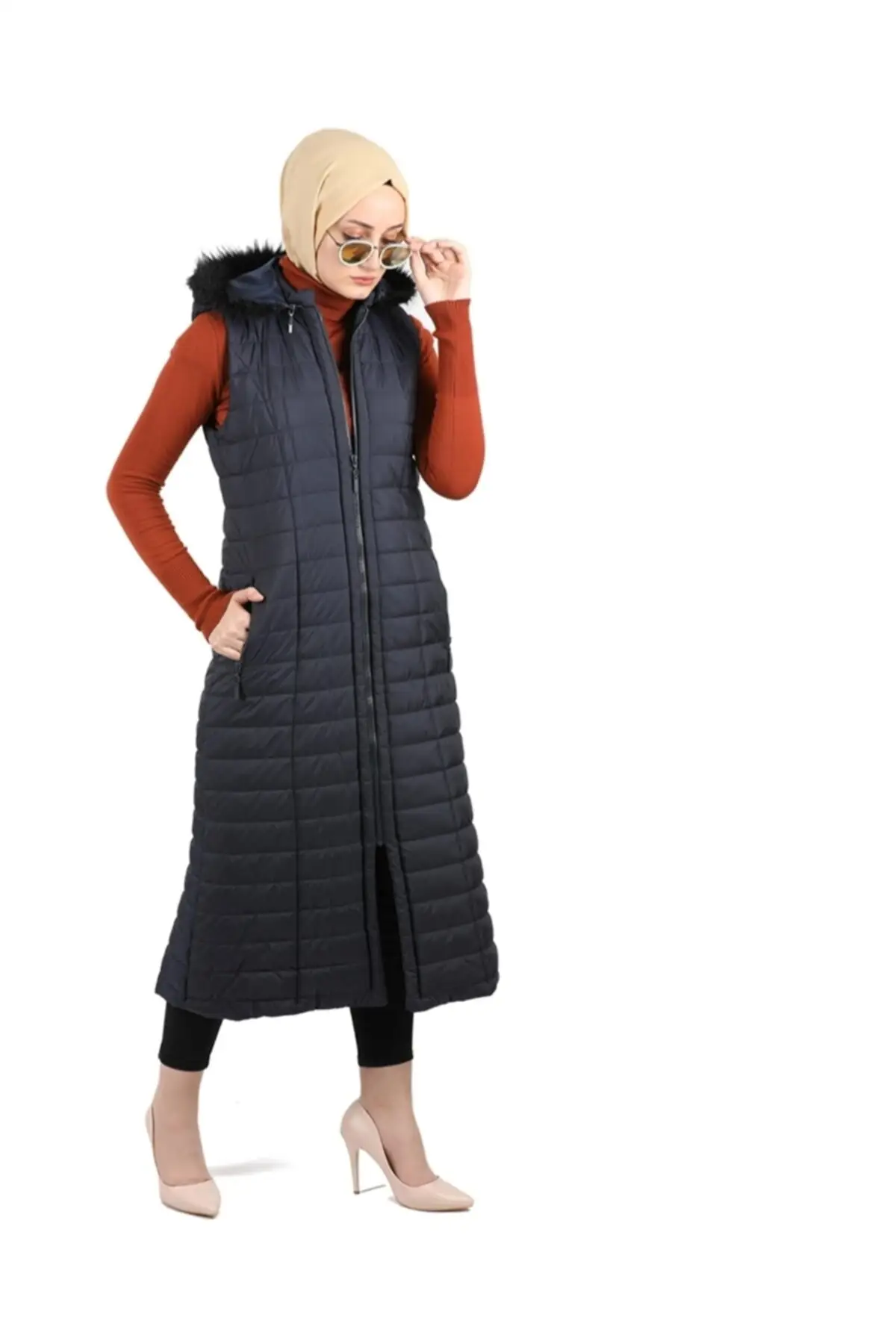 

Doque Kayra Winter Women Vest Solid Color Woven Trend Navy Blue Hooded Zipper Lining