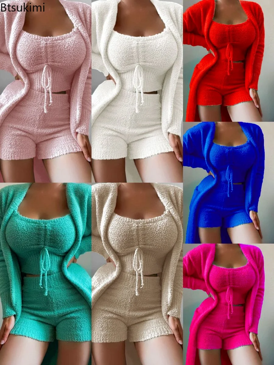 

Women Warm Sets 3 Piece Velvet Plush Hooded Cardigan Coat Shorts Crop Tops Tracksuit Casual Homesets Winter Pyjama Pour Femme