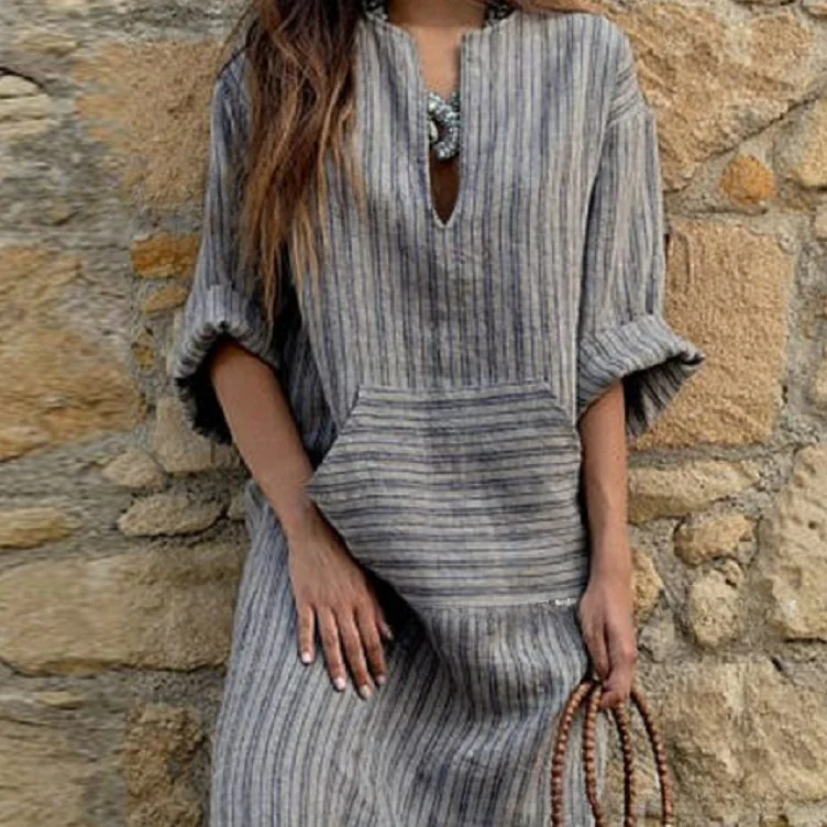 

2023 Spring Cotton Linen Women's Dress Striped V-neck Pockets Short Sleeve Loose Female New Casual Fashion Beach Clothes Ladies