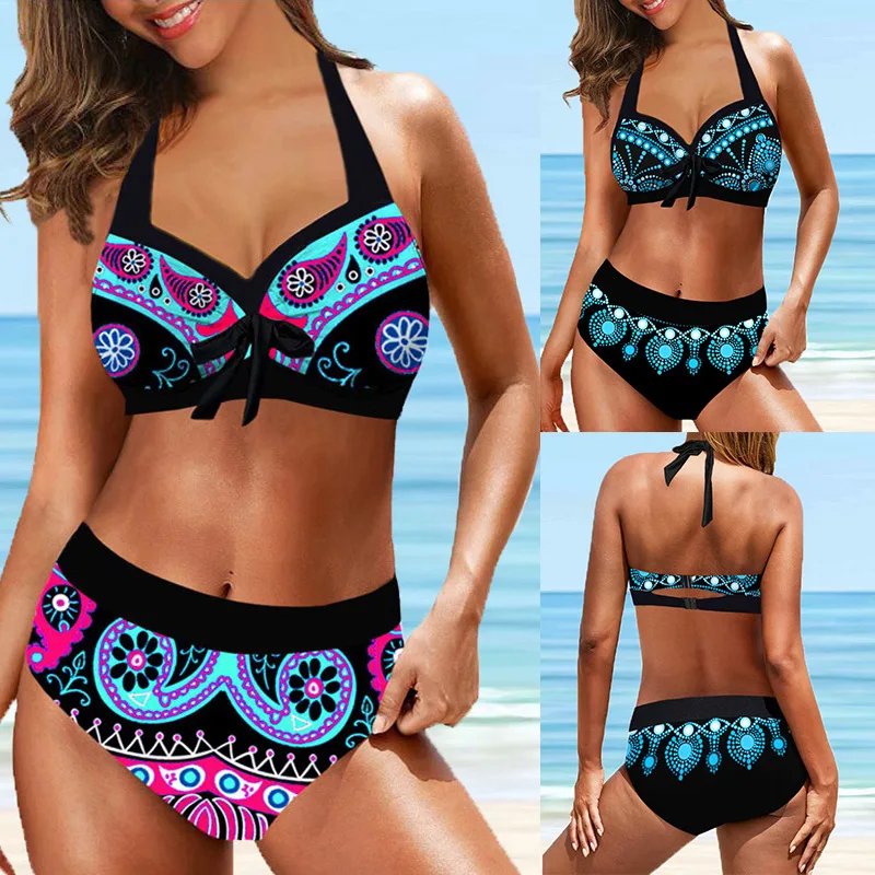 

New Split Push up Sling Sexy Halter Bikini Vintage Printed Swimsuit