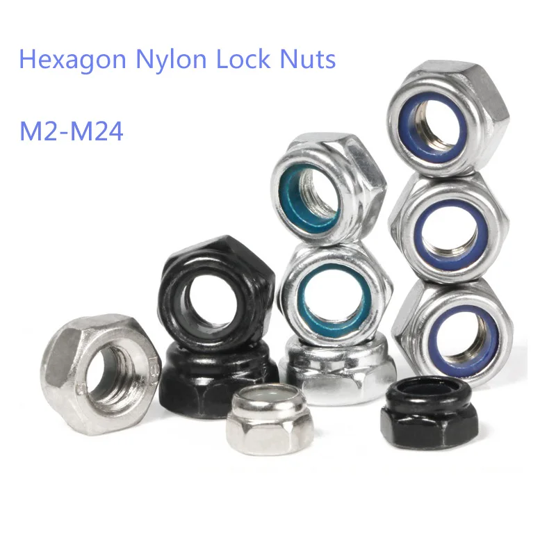 M2 M2.5 M3 M4 M5 M6 M8 M10 M12 M14 M16 304 Stainless Steel Black Hex Nylon Insert Lock Nut Self-Locking Nylock DIN9 - купить по