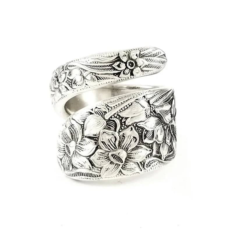 Vintage Carved Lily Flower Ring Jewelry Fashionable Temperament Simple Personality European and American Accessories