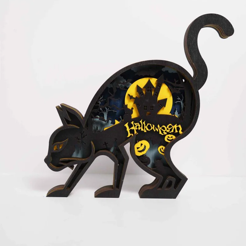 

Halloween Black Cat Figure Led Lamp Wooden Decoration Luminous Animal Wooden Crafts Home Decoration for Children Halloween Gifts