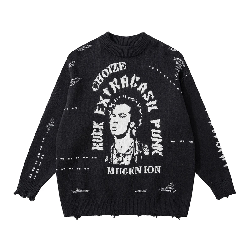 

Frayed Character and Letter Print O Neck Hole Sweaters for Men Harajuku High Street Retro Casual Oversized Pullover Clothes
