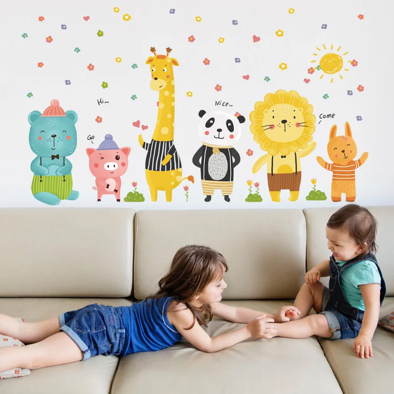 

Cartoon Cute Lion Giraffes Forest Animals Wall Stickers Bear Wall Decals for Kids Room Baby Nursery Room Bedroom Murals