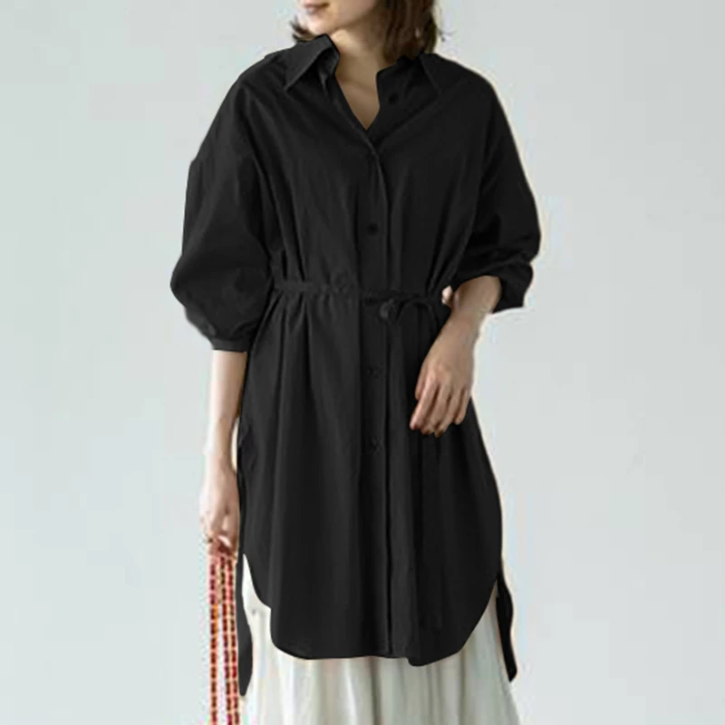 

Tunic Belt Solid Long Sleeve Collared Shirt Button Down Casual Loose Holiday Chemise ZANZEA Autumn Women Casual Blouse Long