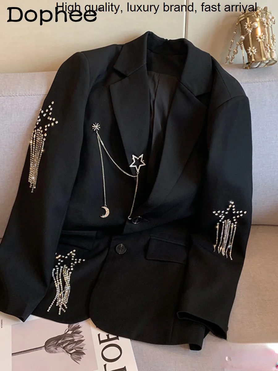 

Beaded Tassel Paillette Star Loose Suit Jacket Women 2023 New Spring Autumn Heavy Industry Shiny Hot Rhinestone Black Blazer Top