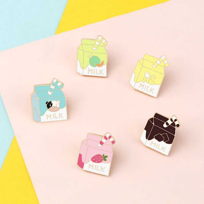 Милые Броши в виде молочной коробки эмалированные булавки с клубникой бананом