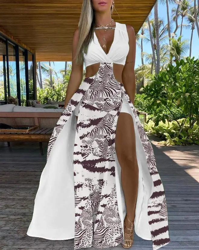 

Zebra Stripe Tie Dye Print Cutout High Slit Maxi Dress 2023 Summer New Women's Sexy Fashion V-neck Casual Dress Beach Vacation