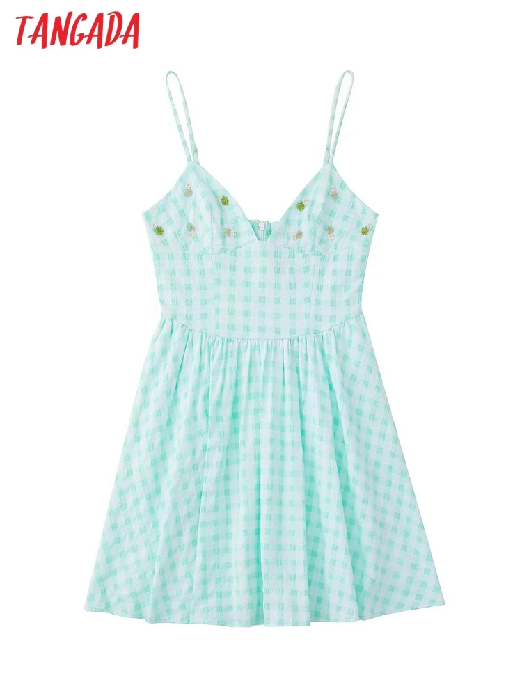 

Tangada Women Plaid Beading Cotton Dress Sleeveless Backless 2022 Summer Fashion Lady Dresses 3H513