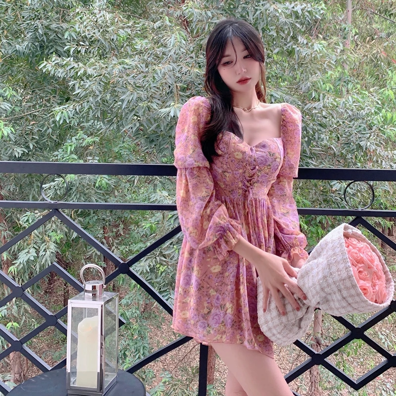 

French Fairy Fluttering Chiffon Floral Skirt 2022 Early Spring Court Style Square Collar Puff Sleeves High Waist Puffy Dress