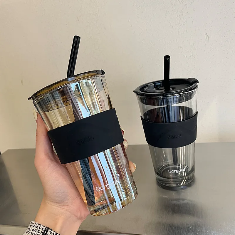 

350ml 450ml Coffee Cup Water Bottle Thick Glass Mug Heat-Resistant Milk Juice Cup Drinkware Travel Sealed Non-slip Set Straw Mug