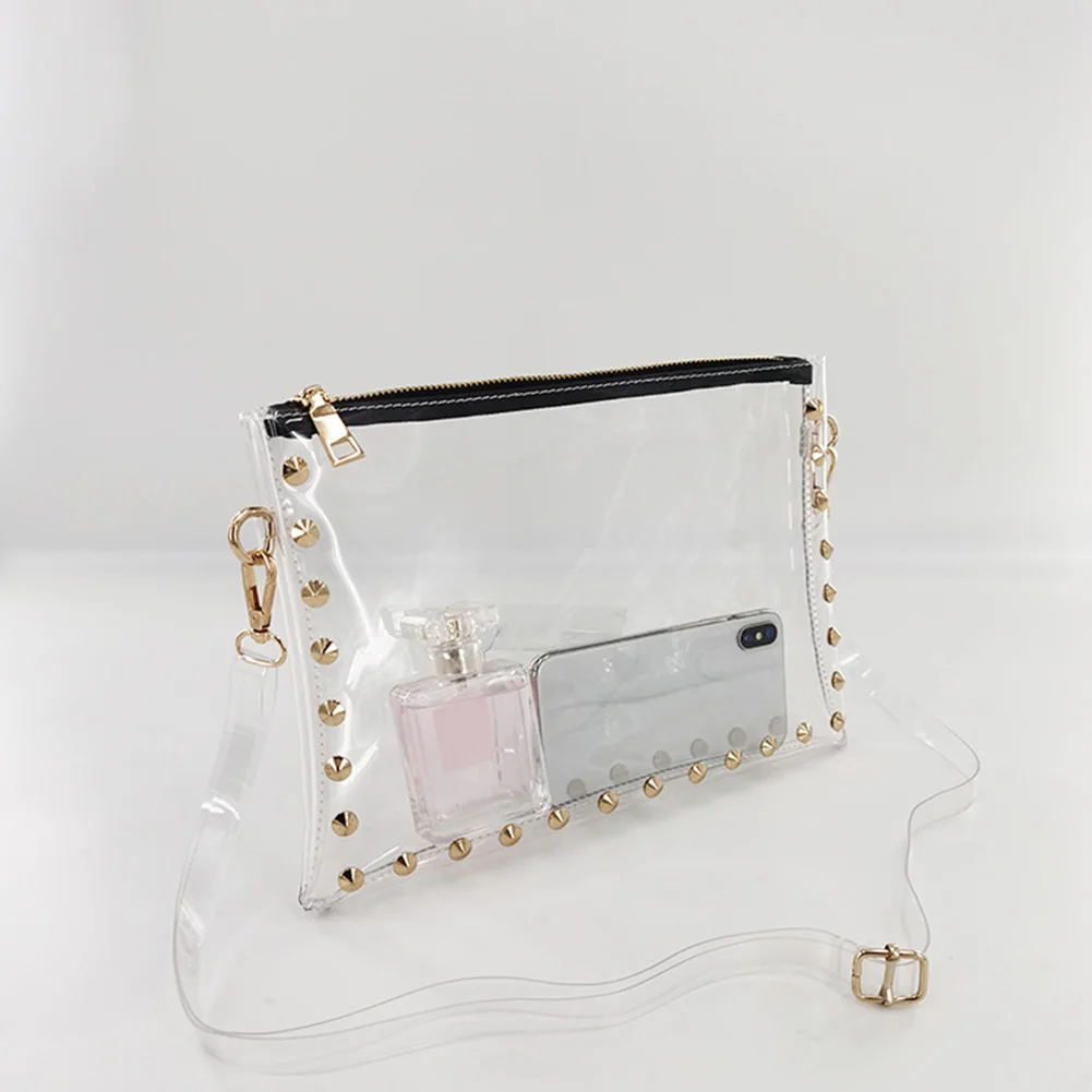

Fashion Design Bags for Women PVC Clear Transparent Shoulder Bag Lady Cheap Quality Rivet Zipper Stadium Approved Handbag