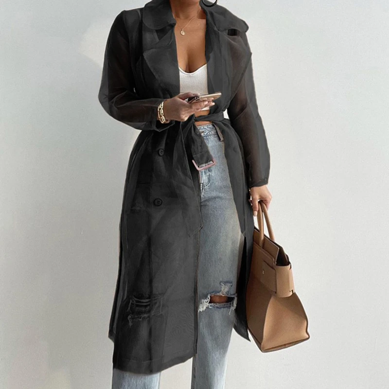 

Women Fashion See Through Outdoor Outwear Lace Up Spring Solid Sheer Mesh Long Sleeve Coat With Belt Elegant Shirts