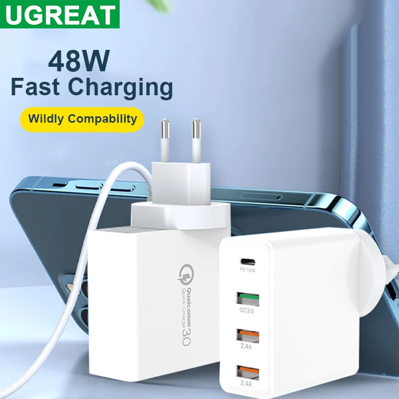 

48W 4 Port Quick Charger PD Type C USB Charger For iPhone 12 11 Samsung Tablet QC 3.0 Fast Wall Charger EU UK US AU Plug Adapter