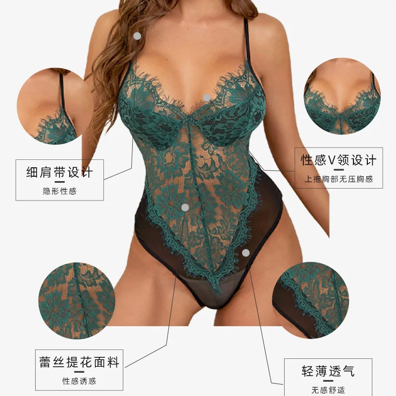 Hot Erotic Women Sexy Lingerie Lace Bodysuit One-piece Underwear Pajamas Underwear Mesh Transparent Jumpsuit Perspective Corset