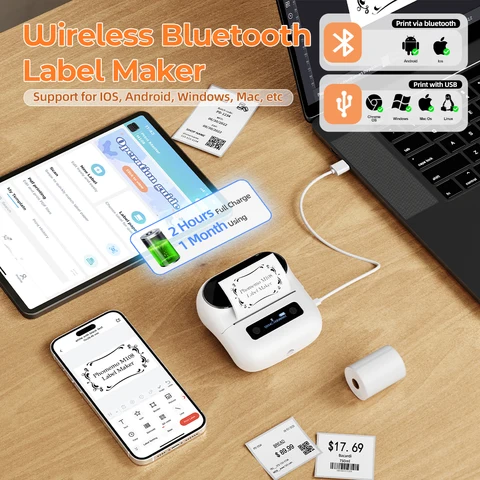 Портативный ручной Термопринтер для этикеток Phomemo M220, Bluetooth, штрих-код, QR-код, наклейка, бумажные рулоны для этикеток, белая этикетка 75 мм
