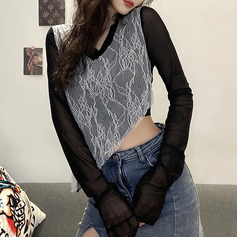 

Female Streetwears Outfit New Mesh See Through Stretchy Sexy V Neck Tshirts Woman Party Club Crop Top Long Sleeve Autumn Shirts