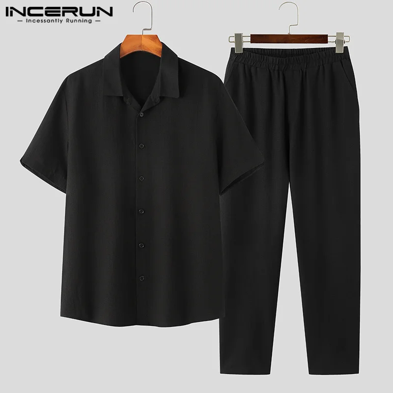 

2023 Men Sets Solid Color Summer Harajuku Short Sleeve Shirt & Pants 2PCS Vintage Streetwear Men's Casual Suits S-5XL INCERUN