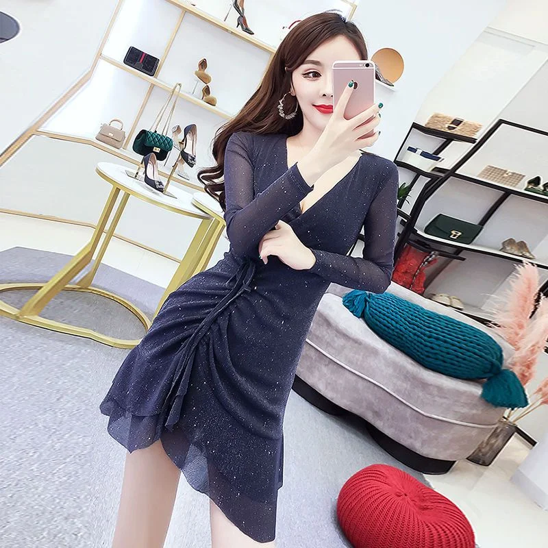 

Женское Сетчатое платье с оборками, повседневное эластичное платье с коротким рукавом, V-образным вырезом и кулиской, женские топы, весна-осень 2023