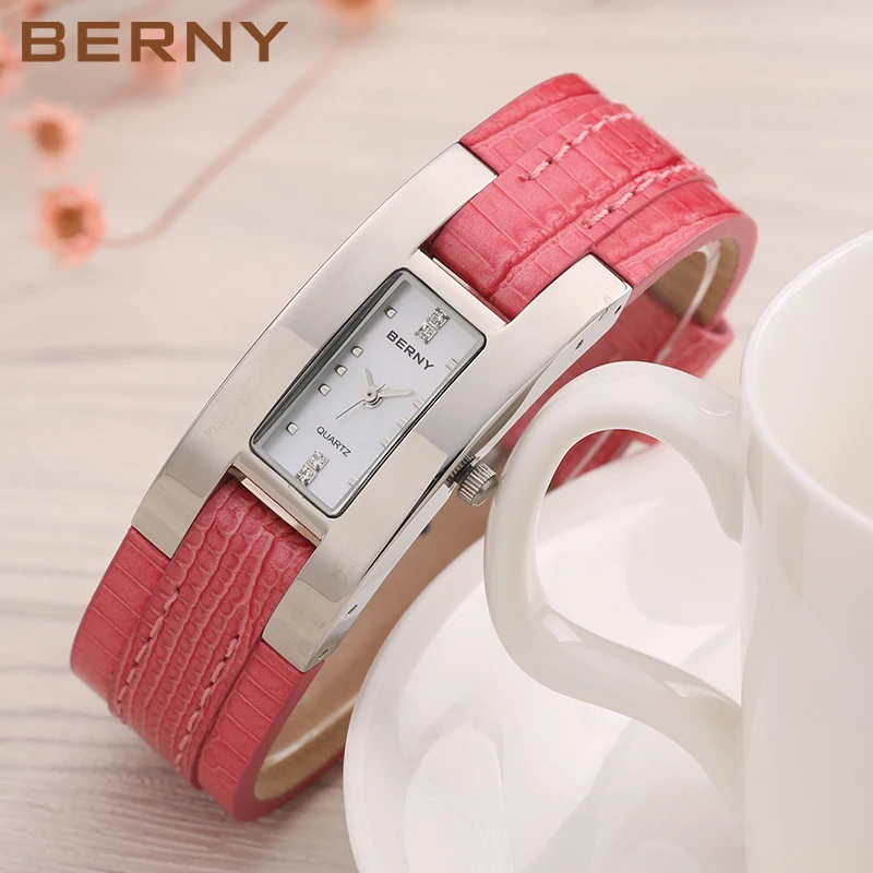 BERNY Women's Quartz Watches Casual Fashion Rectangle Stainless Steel Ladies Clock Leather C-shaped Buckle 3ATM Watch for Women enlarge