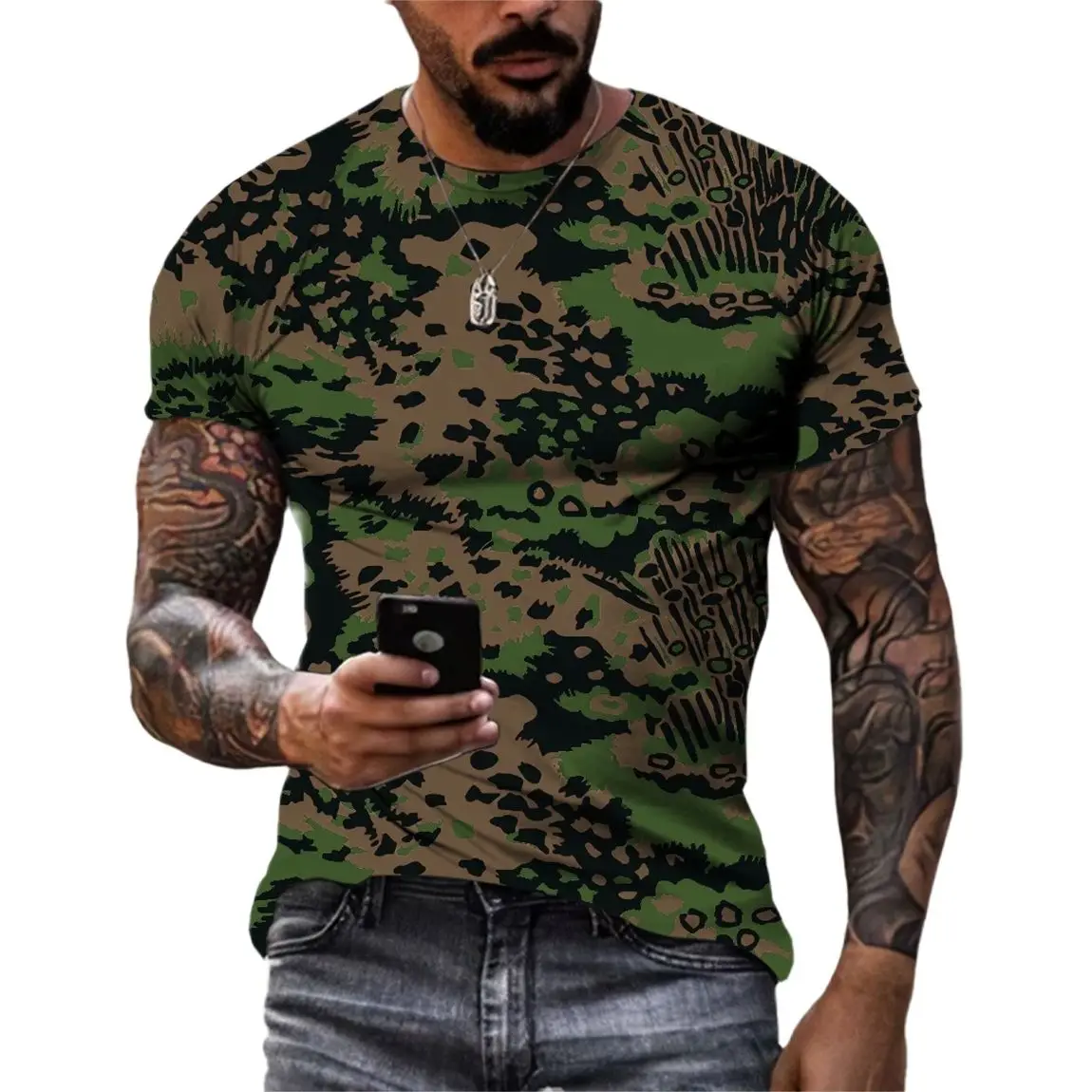 

New Tide Summer Fashion Camouflage Picture Casual Print Tees Hip Hop Personality Round Neck Short Sleev Tops