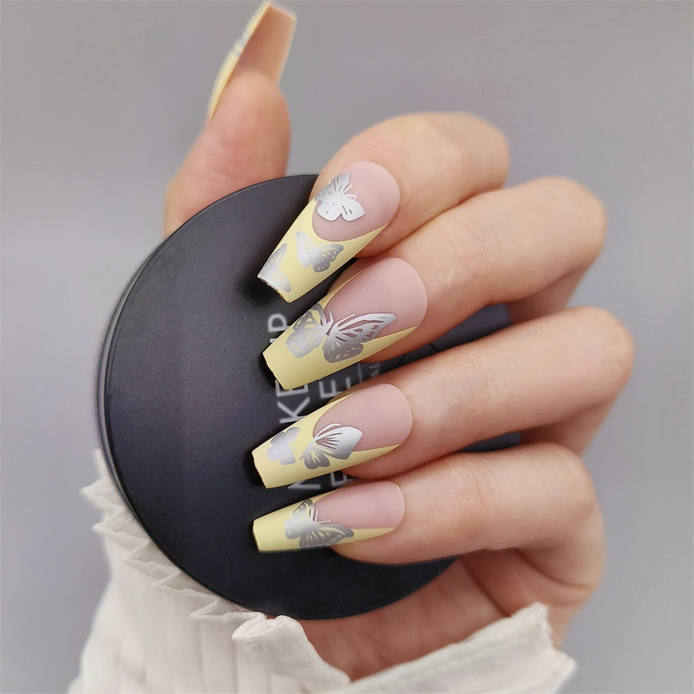 

24pcs Set French Style False Nails with Silver Glitter Butterfly Print Light Yellow Press On Nails Short Coffin for Summer Trend