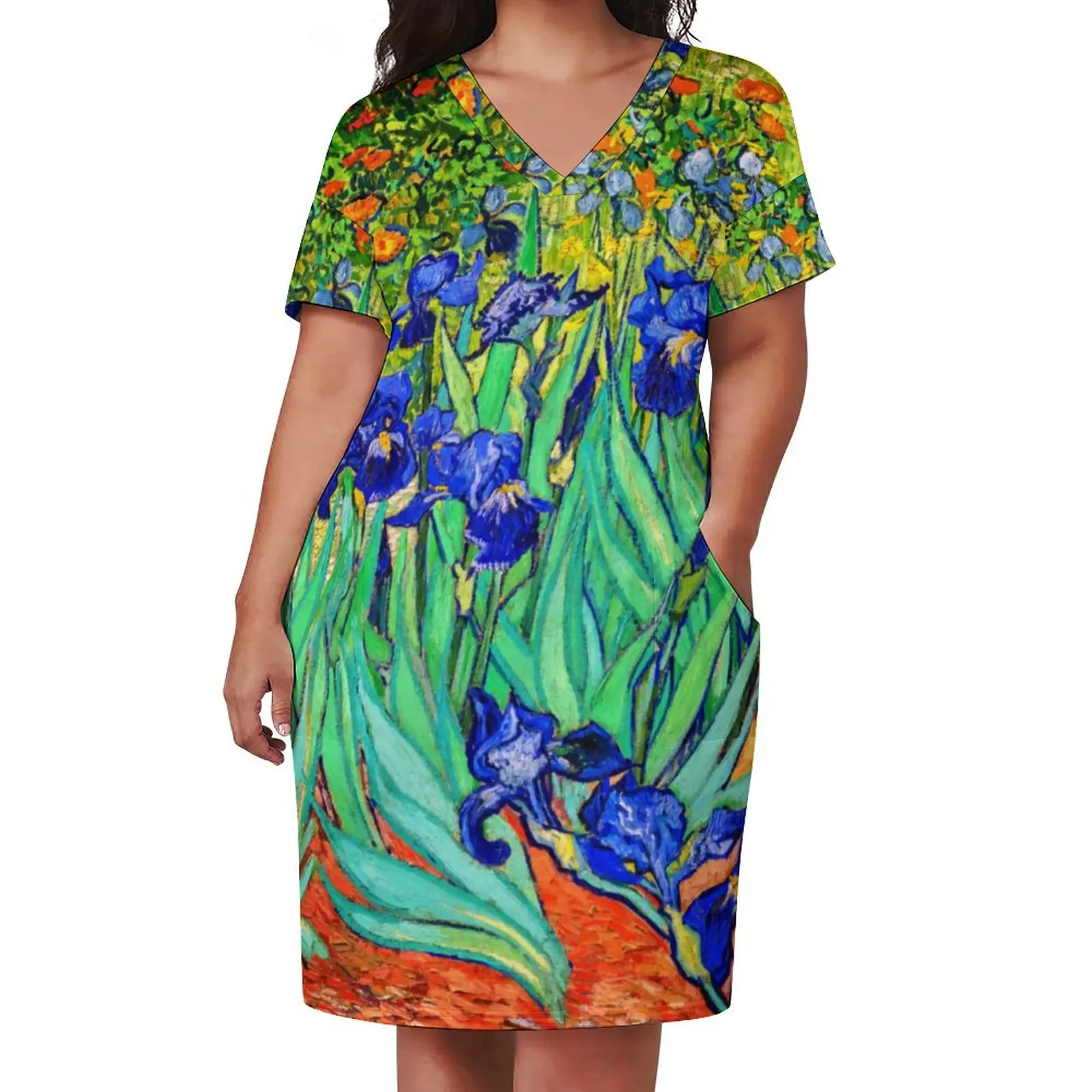 Vincent Van Gogh Casual Dress Summer Irises Flower Print Kawaii Dresses Female V Neck Pattern Street Style Dress Plus Size 5XL