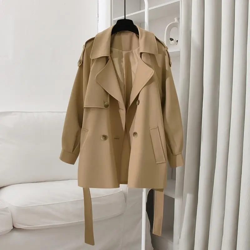 

Spring Autumn Short Trench Coat for Women 2022 Korean Fashion Lapel Double Breasted Jacket with Belt Elegant Female Windbreaker