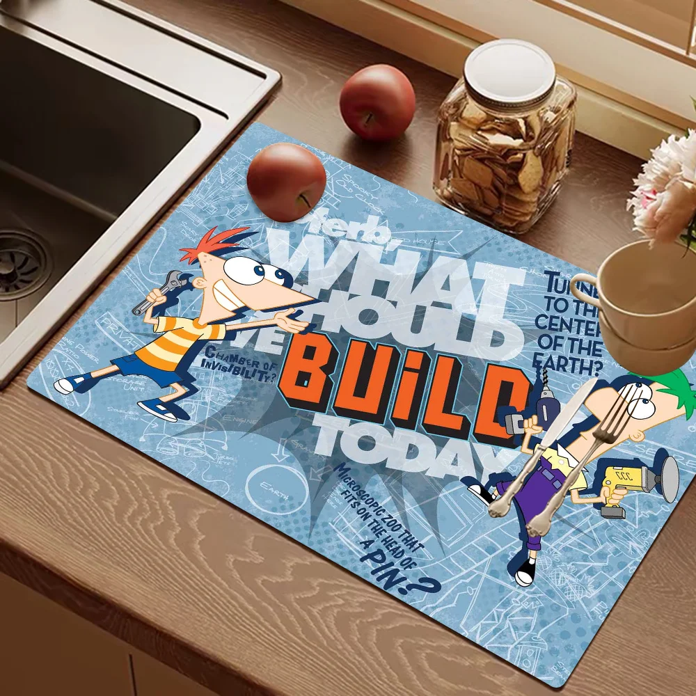 Cartoon P-Phineas And F-Ferb Table Drain Pad Tabletop Absorbent Draining Mat Tableware Mats Placemats For Decor