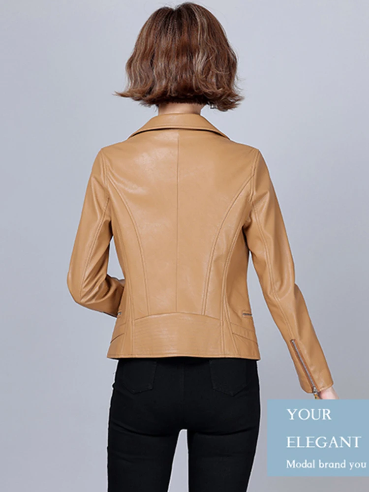 New Women Moto Leather Jacket Fashion Classic Suit Collar Slim Biker Coat Split Leather Outerwear Sheepskin Tops Coat Female