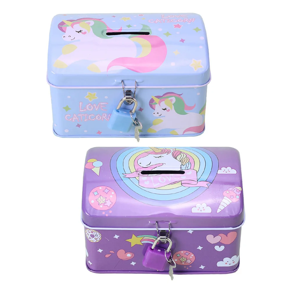 

2 Pcs Tin Box Kid Piggy Bank Lovely Lock Creative Money Pot Unicorn Iron Unique Cartoon Saving Child Kids