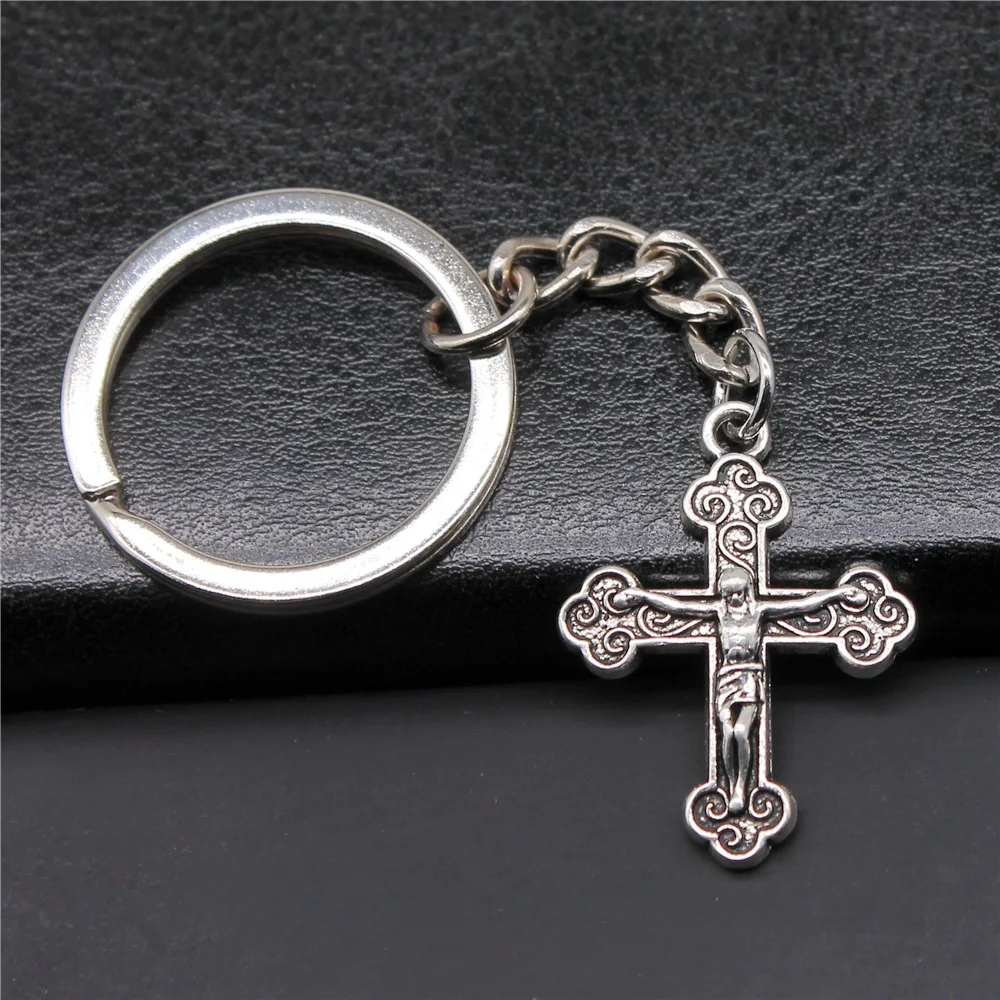 

Souvenirs Gift DIY Metal Keychain Holder Antique Silver Color 22x29mm Jesus Cross Pendant Keyring