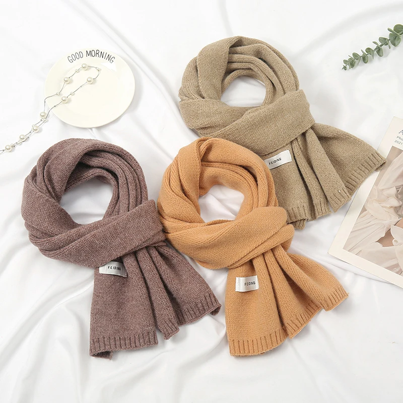 

Women Autumn Winter Solid Color Scarf Slim Neckerchief Soft Brown Black Warm Wool Knitted Woolen Handmade Pashmina Shawl Wrap