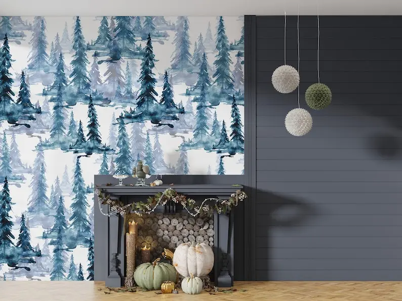 

Trees Painting Self Adhesive Wall Mural, Pine Tree Landscape Wallpaper, Blue Watercolor Forest Wallpaper, Peel And Stick Forest