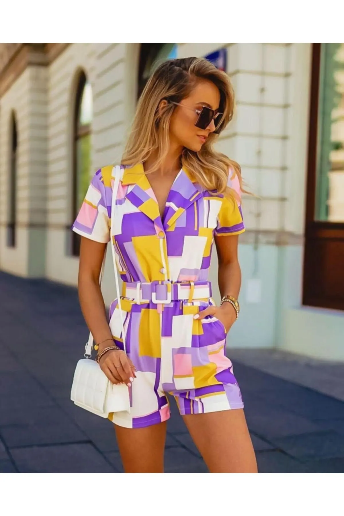 

Women's Overalls Patterned Belt Jumpsuit Shorts Hot Style Quality Fabric Sleeveless Baggy Trousers Casual Jumpsuit