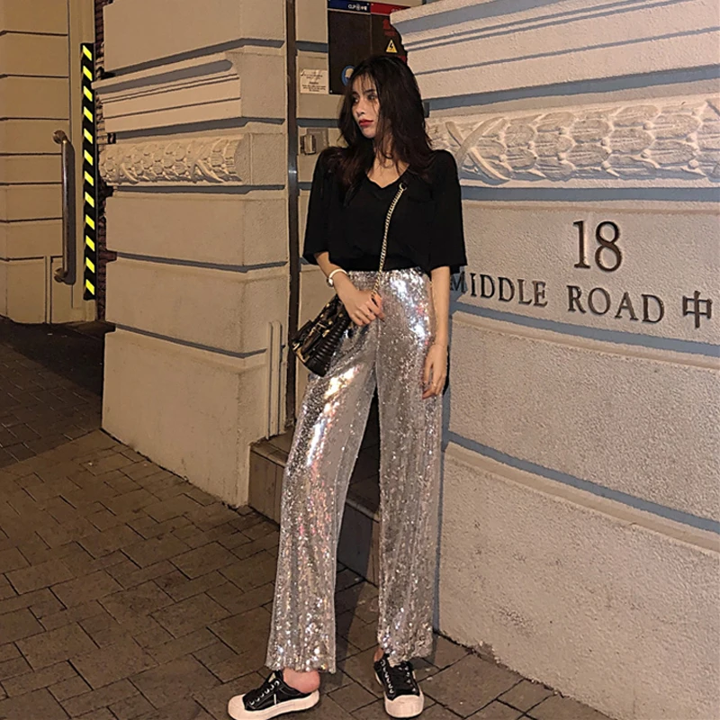 

Female Shining Sequins Pants Fashion Wide Leg Trousers Thin Sexy Women Trendy Elegant Lady High Waist Party Club Wear Streetwear