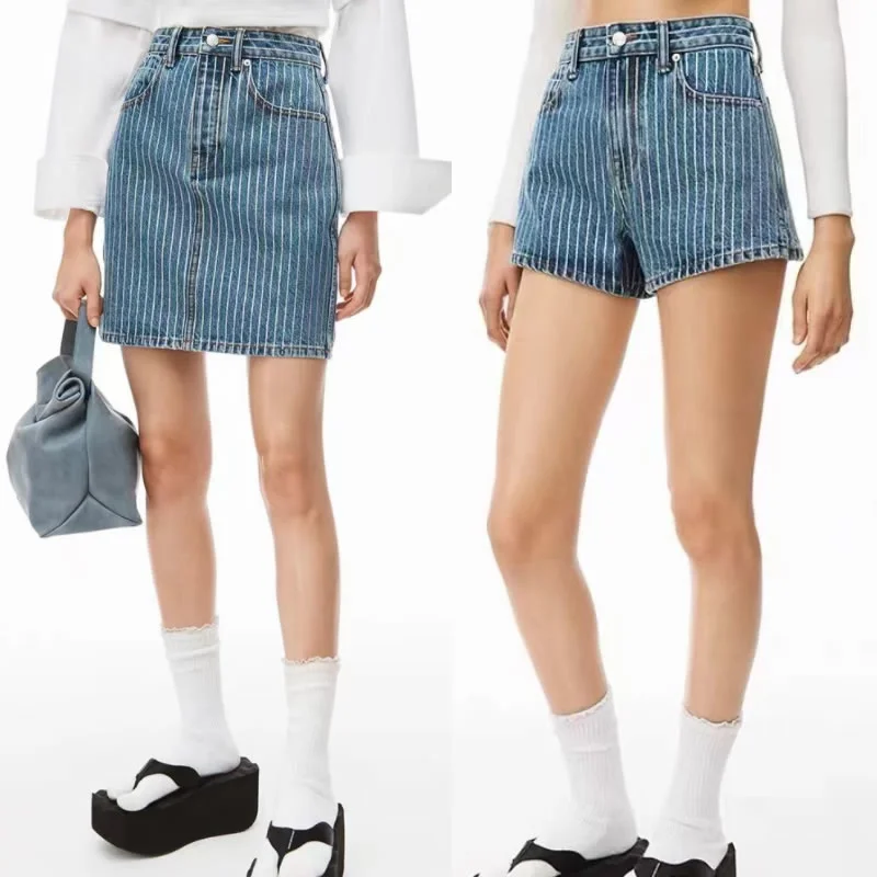 Classic Trendy 123796 luxury design Women Summer Striped Rhinestone High Waist Hip Wrap A-line Skirt Denim Shorts A2